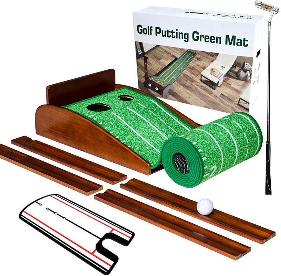 Golf Putting Mat Indoor Practice Green Auto Return Wooden Base Trainer
