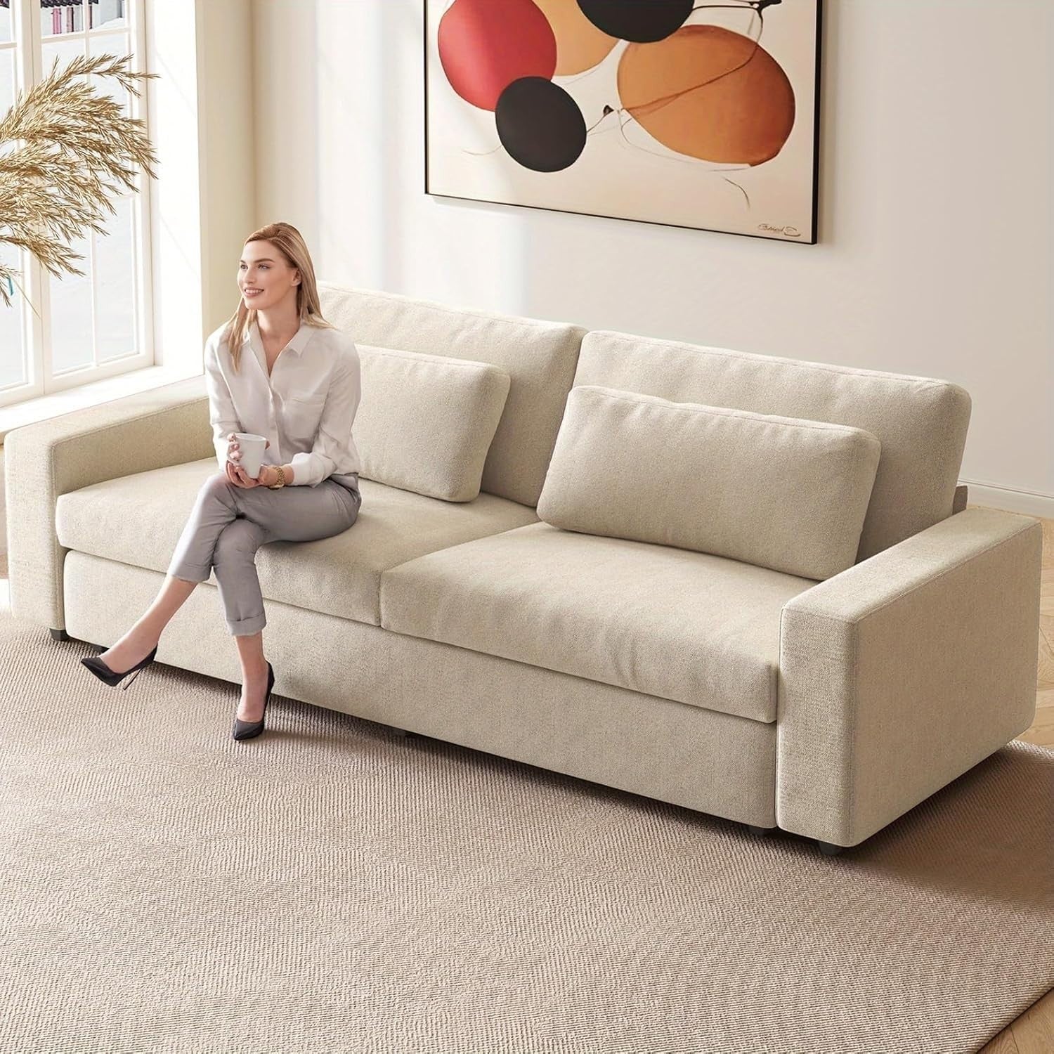Modern 2-Seater Deep Seat Sofa Beige Fabric Couch with Cushions, 105” Wide