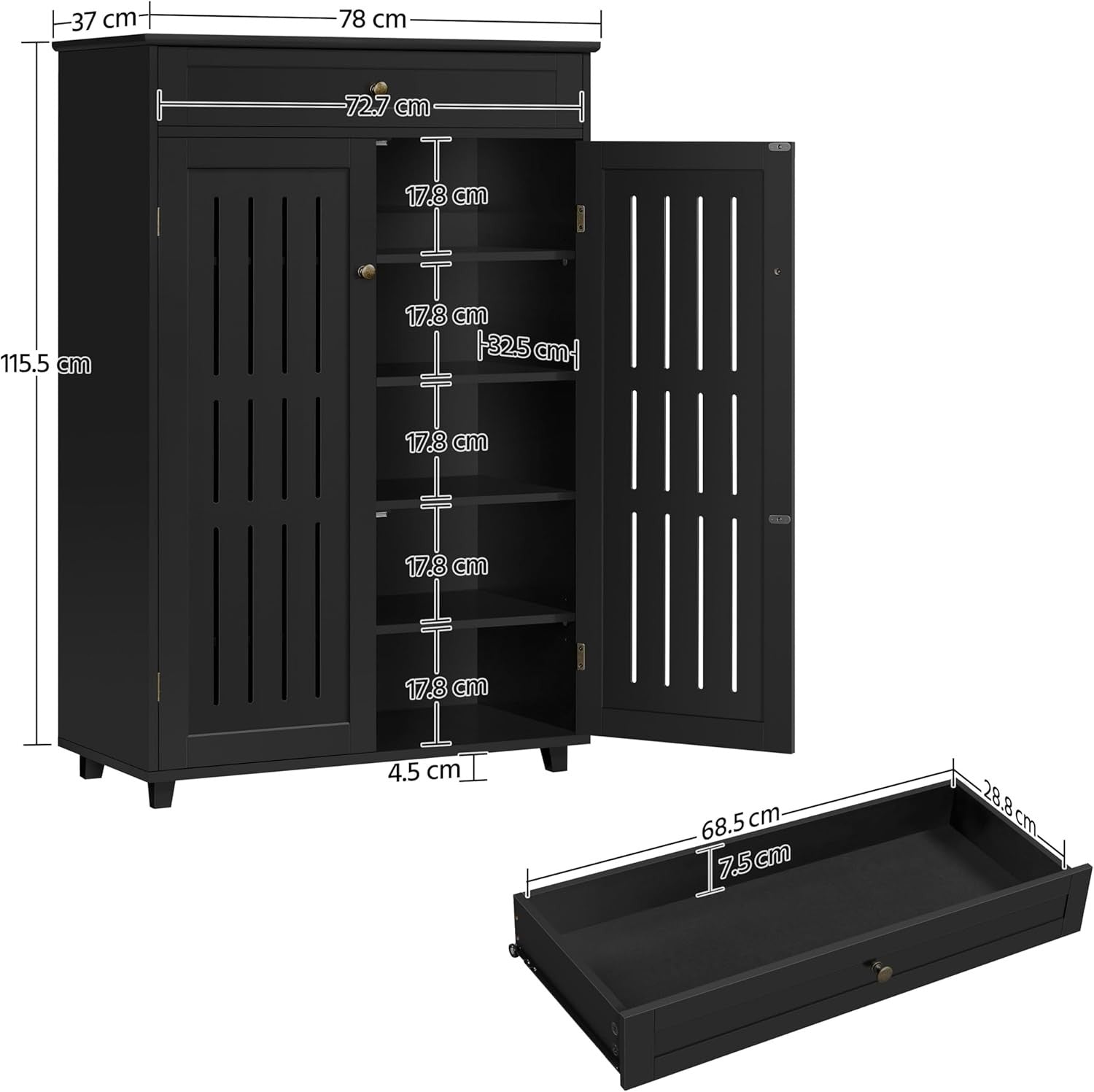 Black 5-Tier Wooden Shoe Cabinet with Drawer & Adjustable Shelves Storage