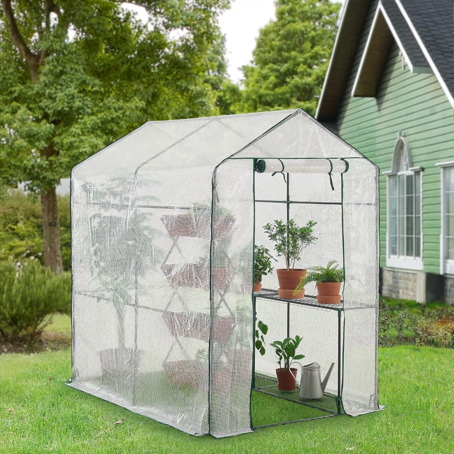 Large Transparent Greenhouse with Shelves 120x186x190cm | Steel Frame & PE Cover