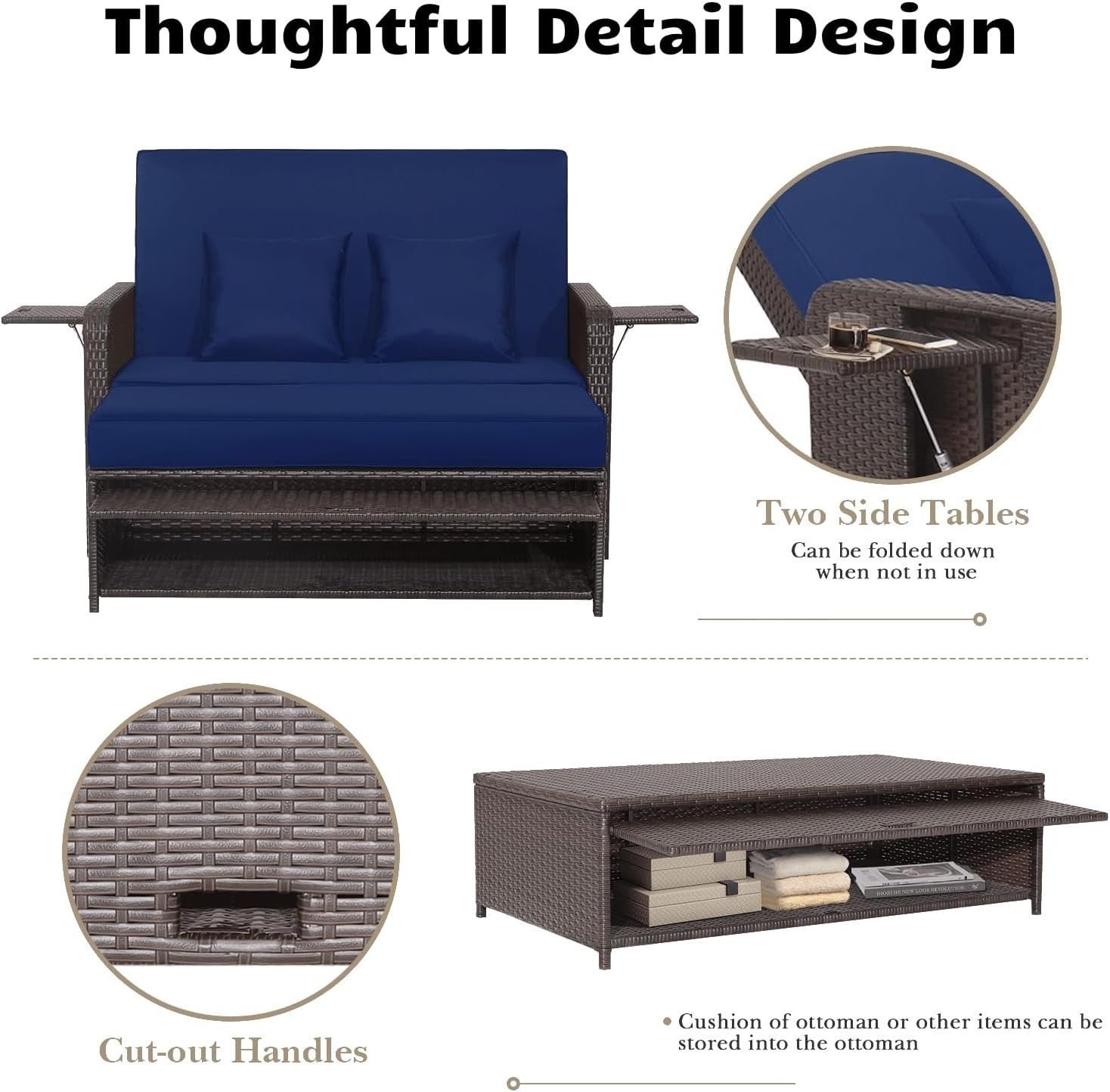 Navy+Brown 2-Seater Rattan Outdoor Daybed with Adjustable Back & Ottoman