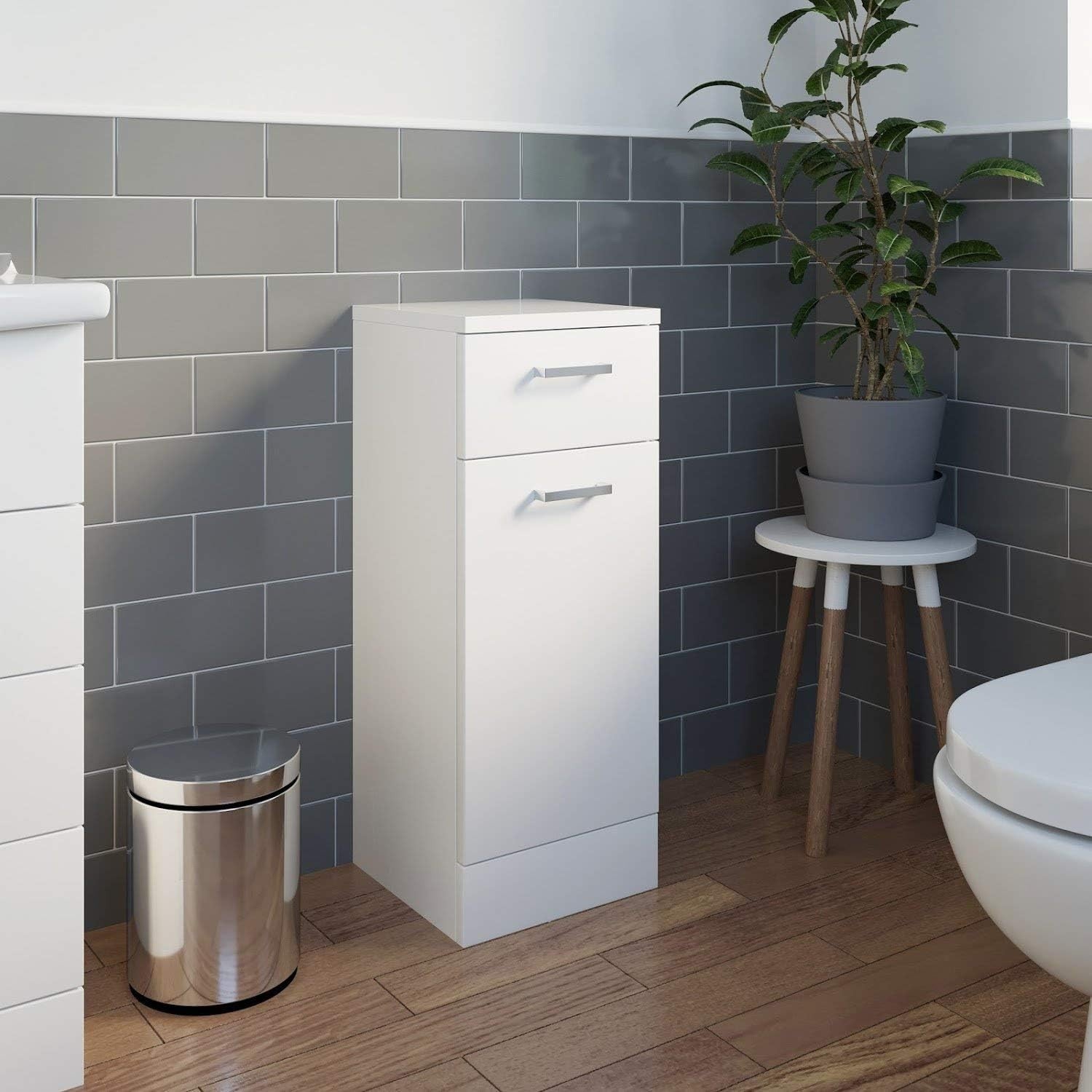 Slim White Bathroom Laundry Cabinet with Drawer Soft Close Door Storage
