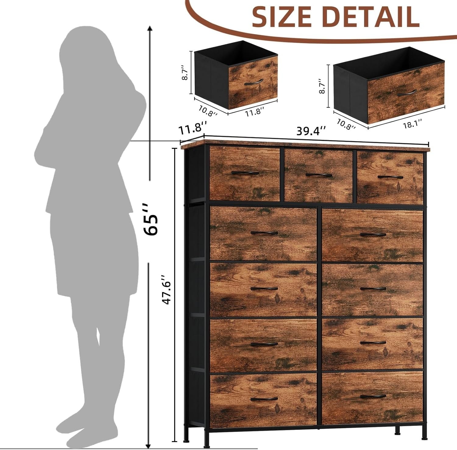 Tall Chest of Drawers 11 Drawer Storage Unit Wood Grain Bedroom Cabinet