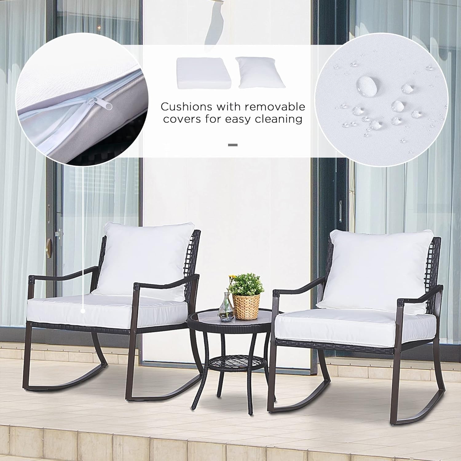 Rocking Rattan Bistro Set 3PC Armchairs Round Glass Table Cushioned Patio
