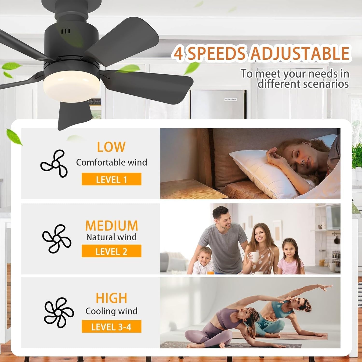45cm Screw-In Ceiling Fan Light 4 Speeds 3 Colors Black