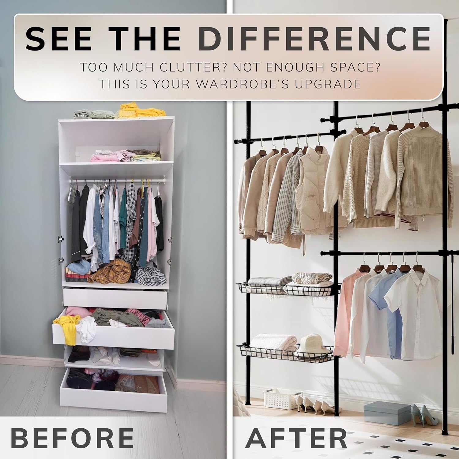 Telescopic 2-Tier Clothes Rail Wardrobe Organiser Black