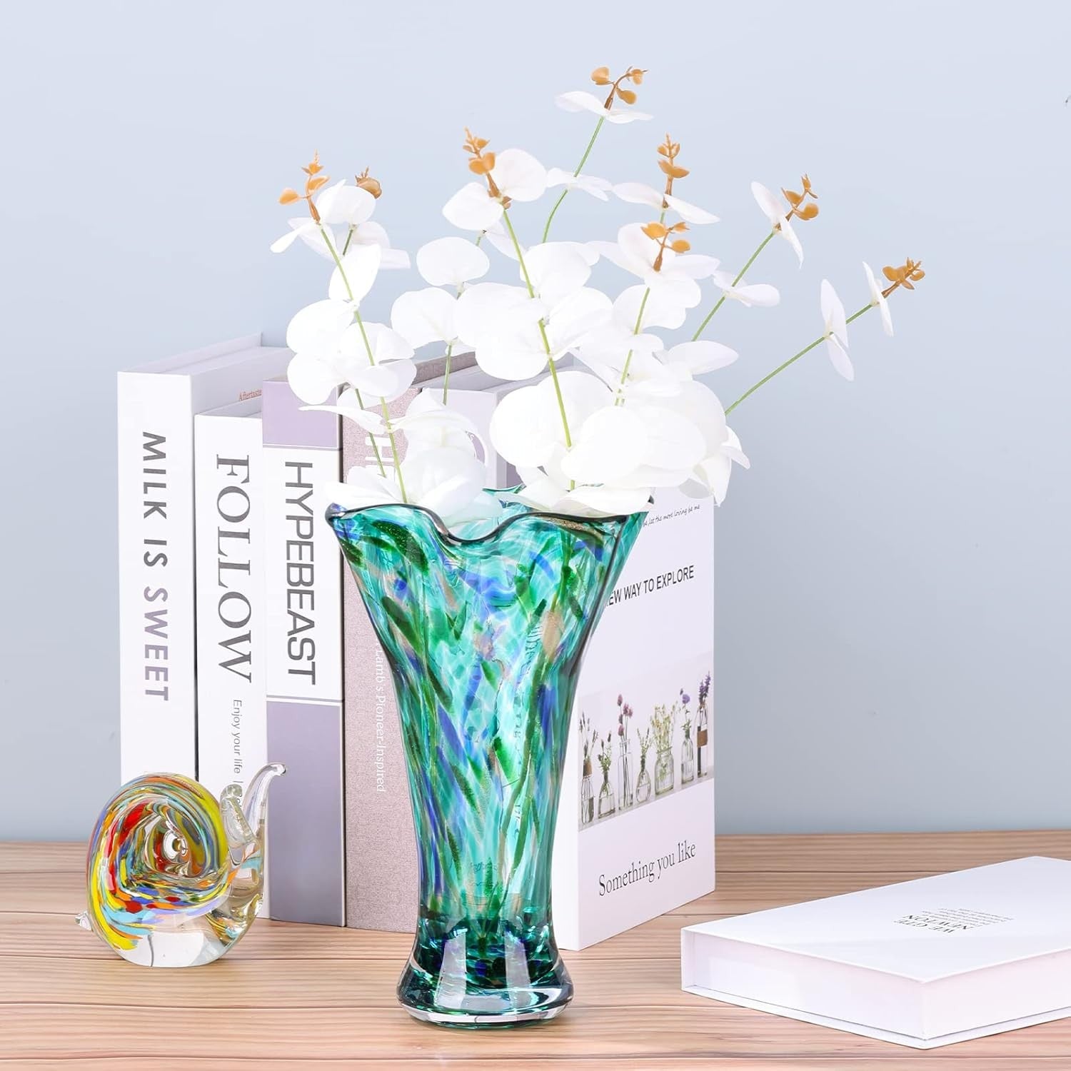 Teal Hand Blown Glass Vase Wide Mouth Flower Centerpiece Home Décor