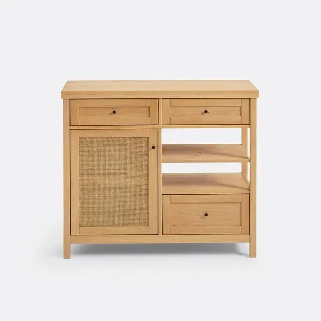 Solid Pine & Rattan Storage Cabinet with Drawers & Shelves