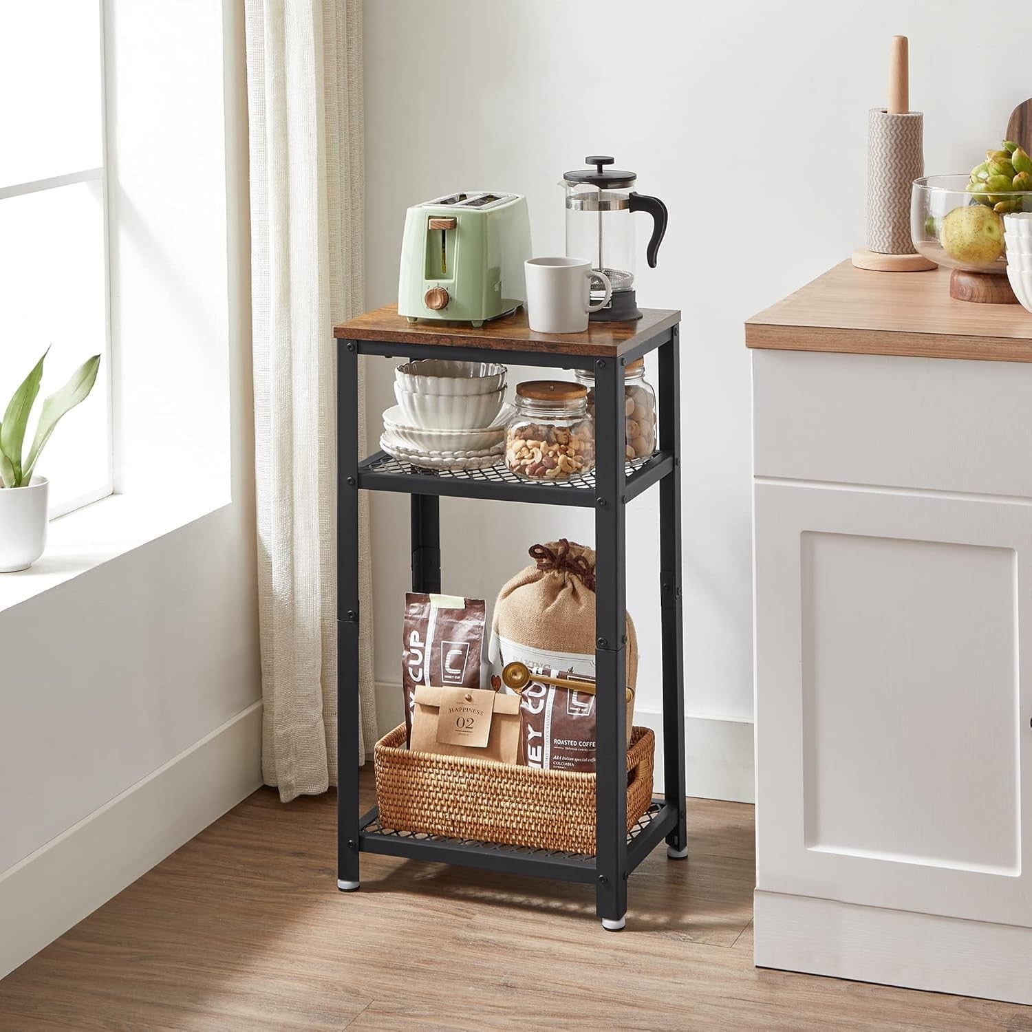 Tall Rustic Side Table with 2 Mesh Shelves, Industrial Bedside or Sofa End Stand