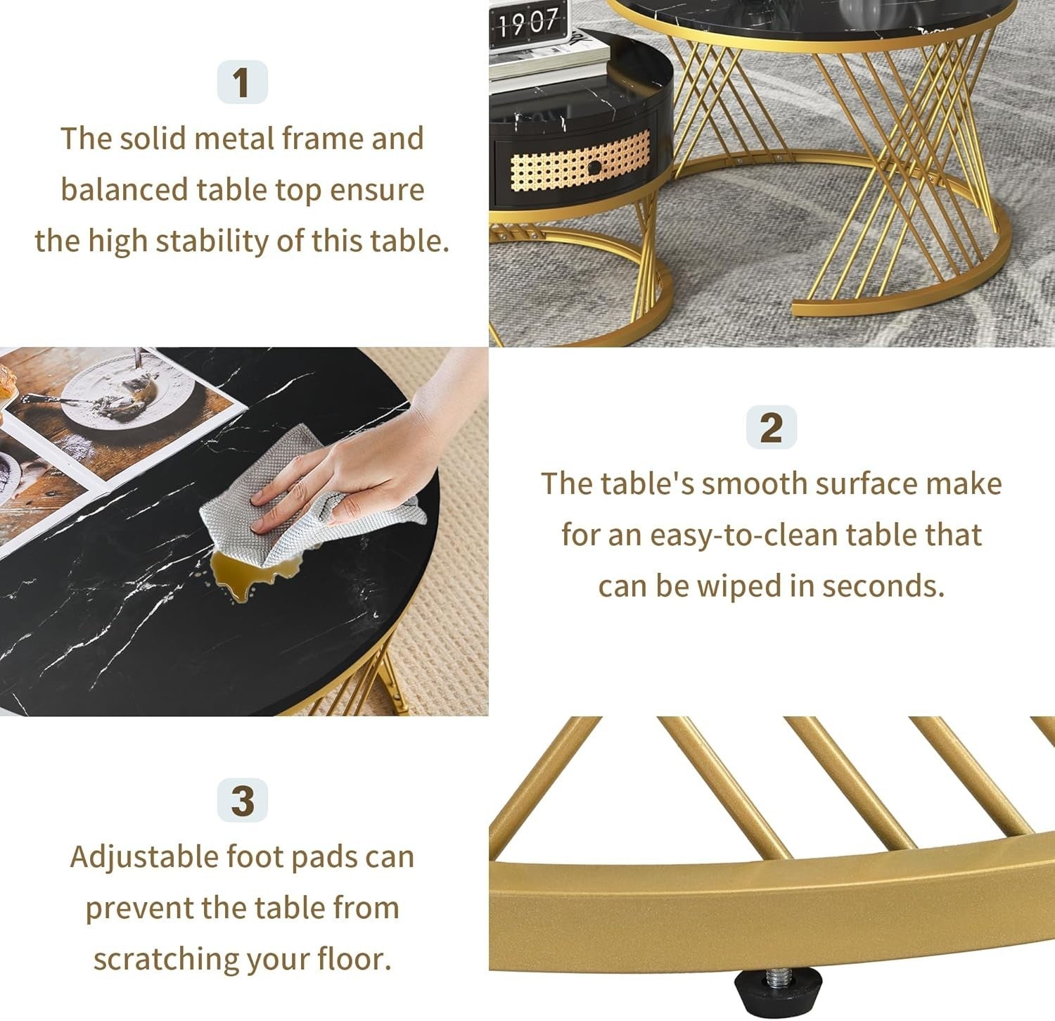ModernLuxe 2-in-1 Round Coffee Table Set with Marble Top, Rattan Drawer