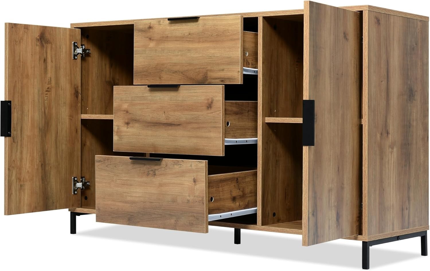 Modern Dark Oak Sideboard Cabinet with Drawers & Shelves Storage