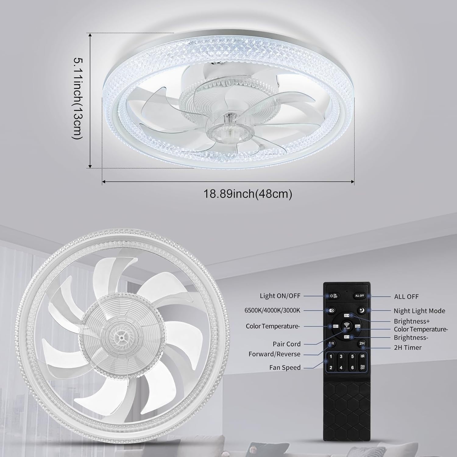 Ankishi 48CM Ceiling Light Fan 70W, White, 6-Speed, Remote, 3-Color LED