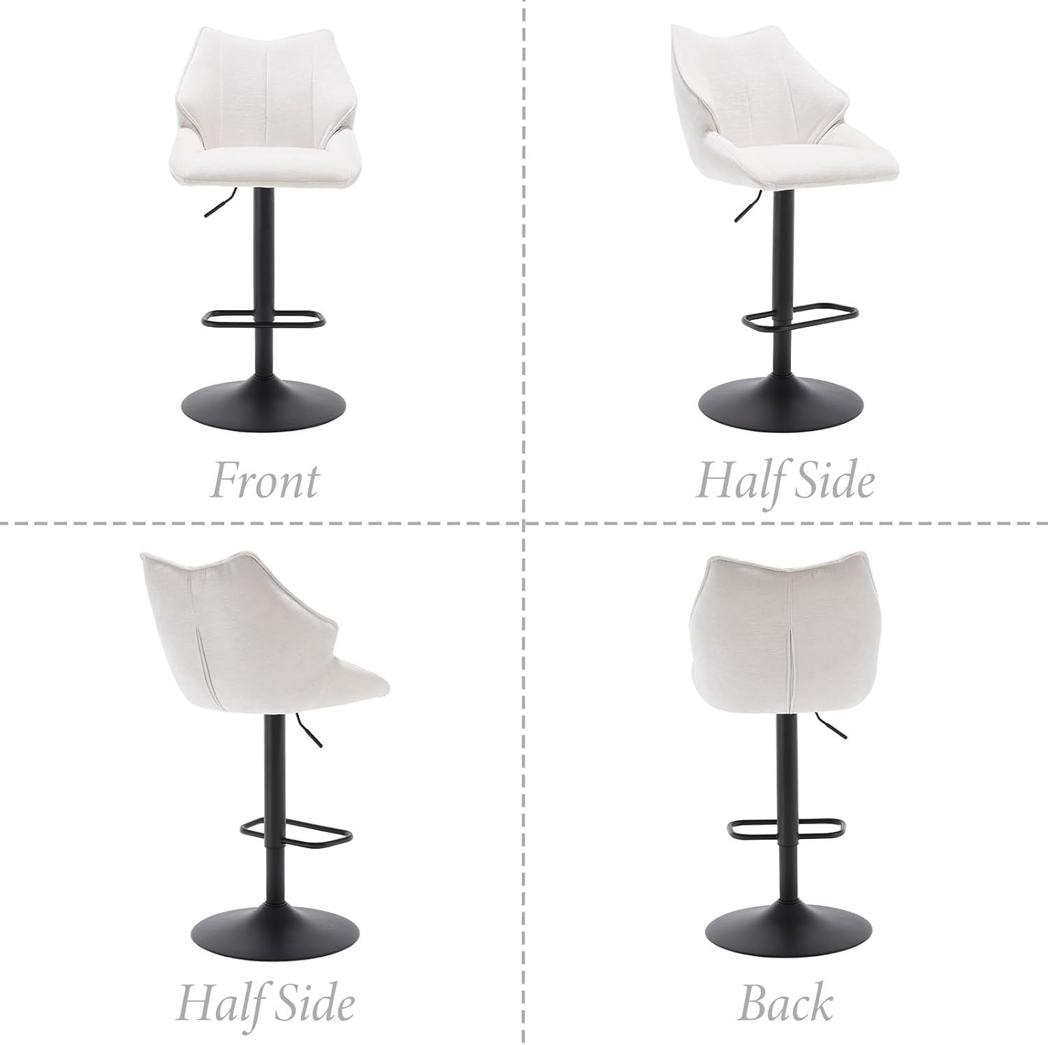 White Chenille Bar Stool Set of 2 Adjustable Swivel Kitchen Counter Chairs