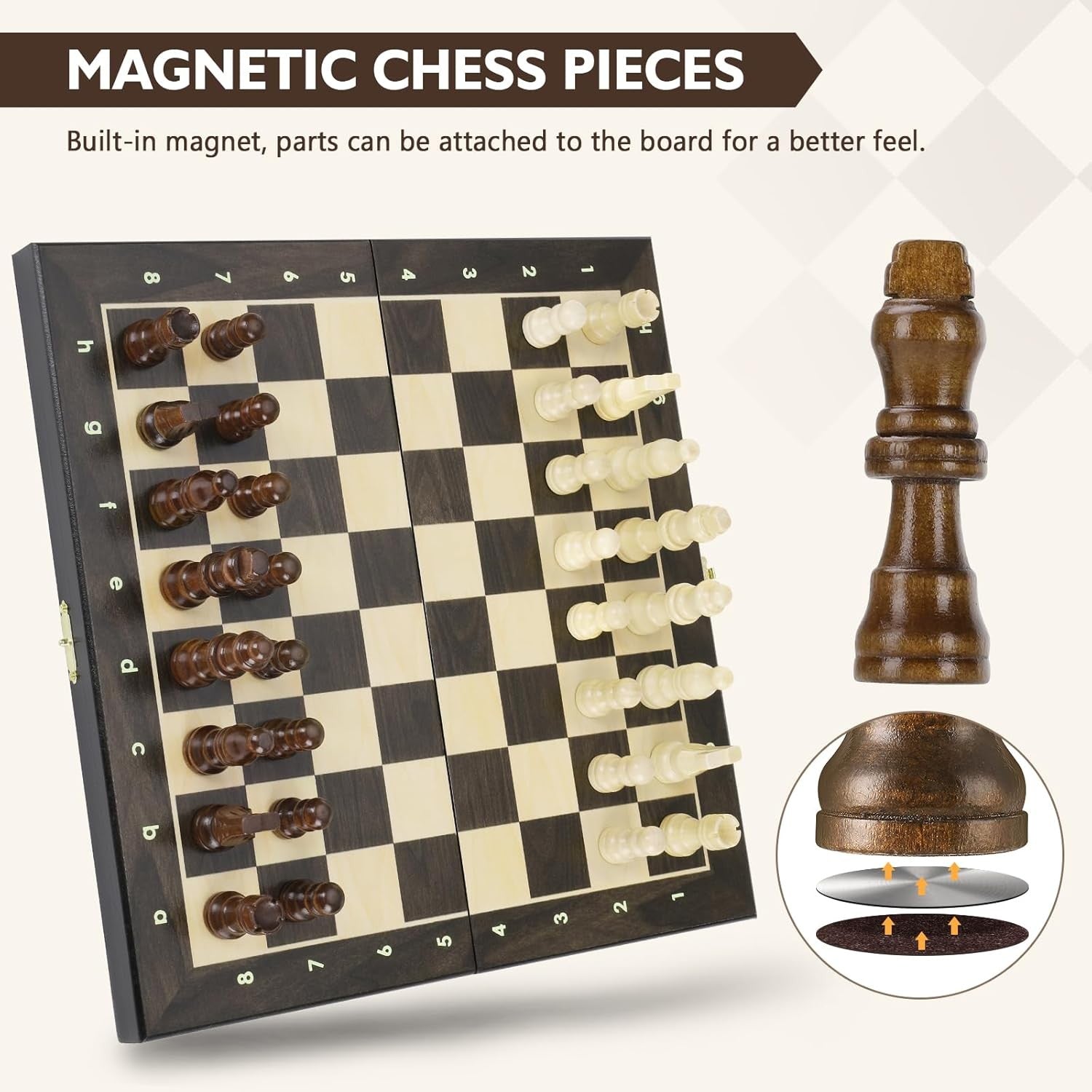 Wooden Magnetic Chess Set 30cm Folding Board w/ Storage & Extra Queens Dark