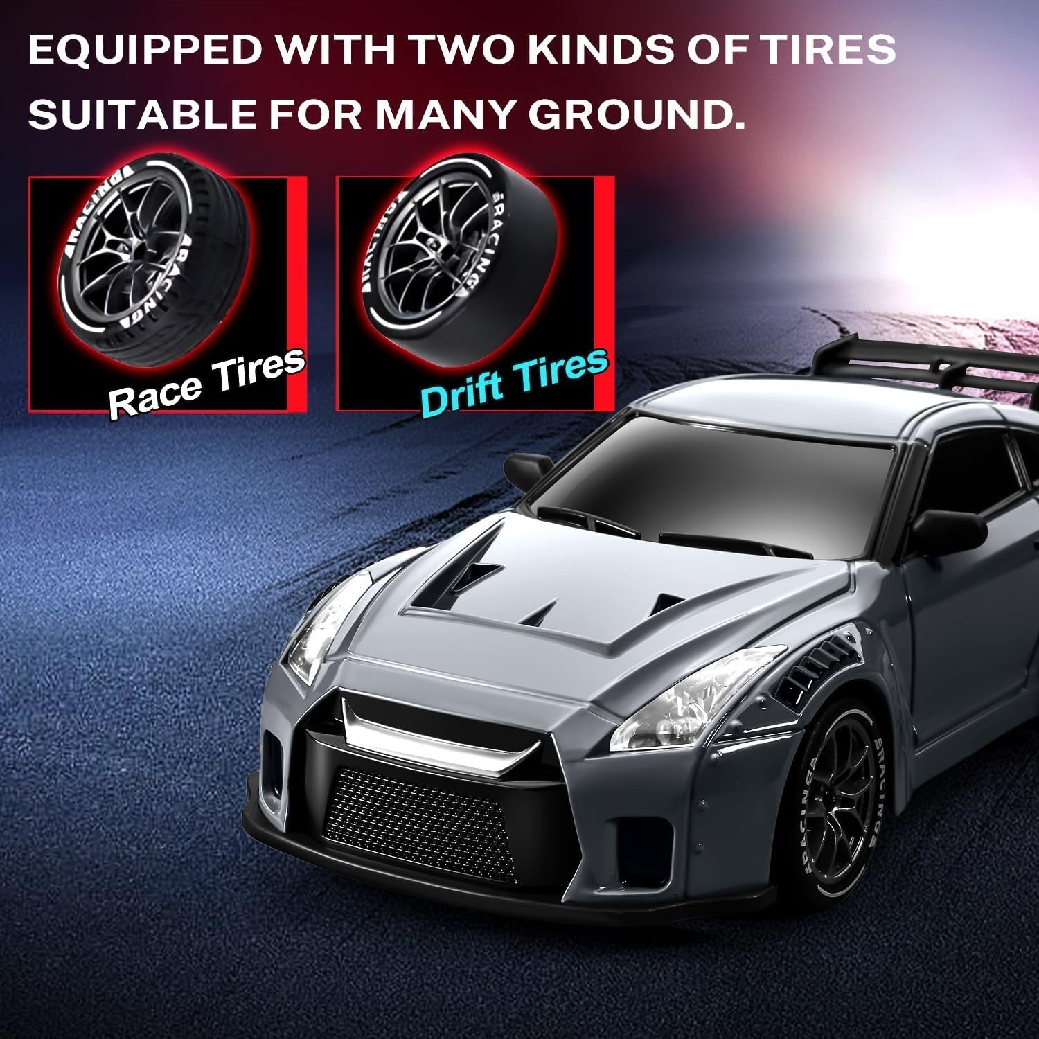 1:24 RC Drift Car 20KM/H – 4WD Remote Control Toy with Extra Tires, Dark Gray