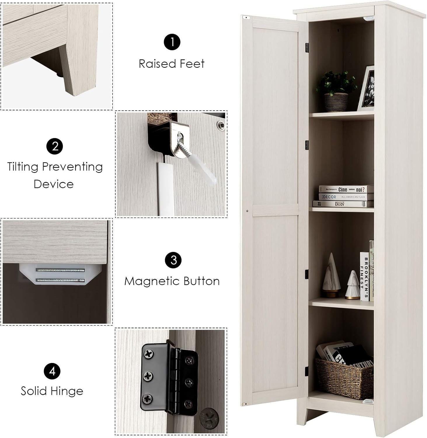 Tall Bathroom Storage Cabinet 4 Shelves, Narrow Wooden Cupboard 46x40x183cm