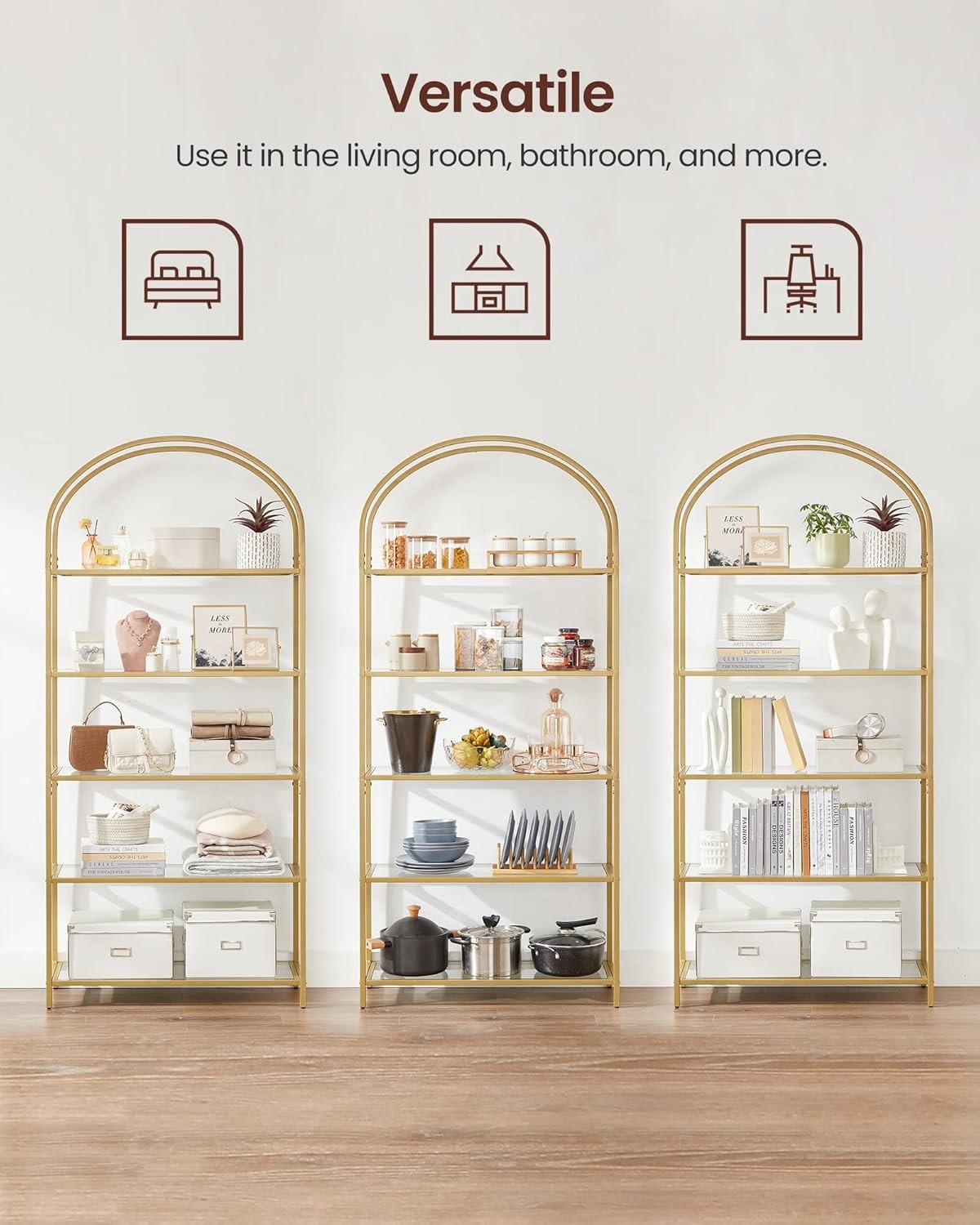 5-Tier Gold Arched Glass Shelf Unit Modern Tall Display Storage Rack