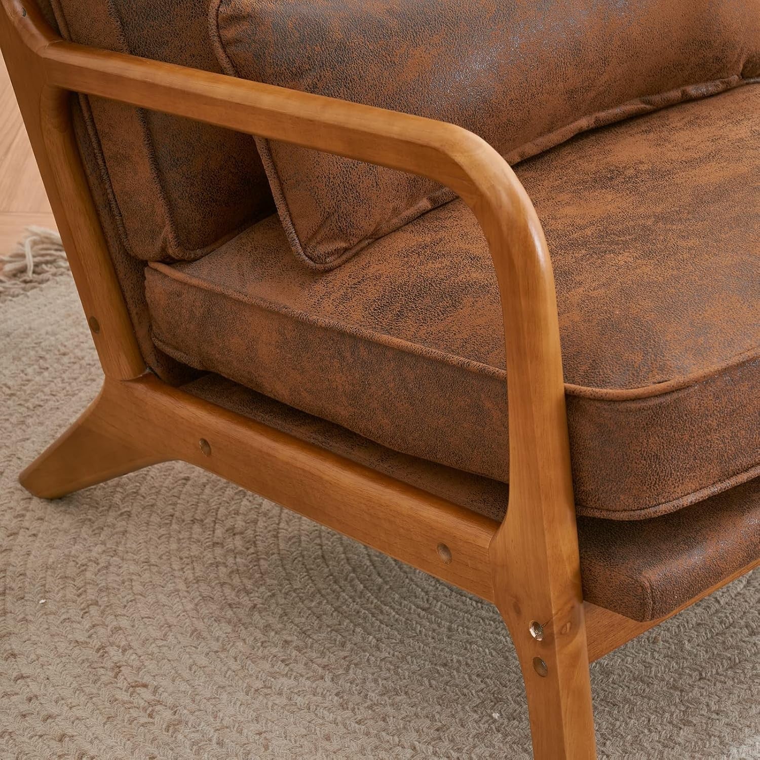 Brown Leather Accent Armchair Solid Wood Lounge Wide Arm Chair