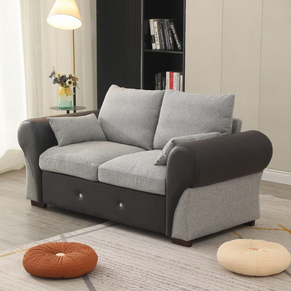 Compact 2 Seater Sofa Light Grey Linen Fabric Couch Modern Lounge Settee