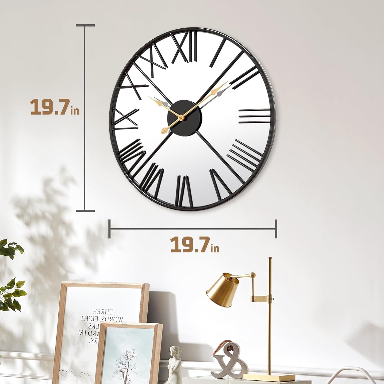 50cm Large Mirrored Wall Clock – Silent Roman Numeral Metal Modern Design