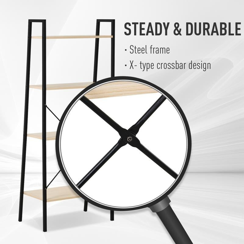 4-Tier Industrial Ladder Shelf – Natural Wood Display Bookcase Unit