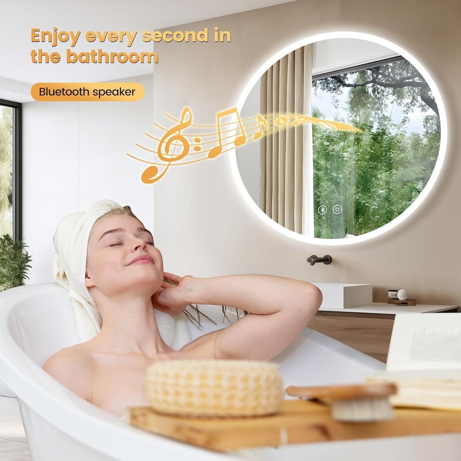 Bluetooth LED Vanity Mirror with Demister, Dimmable 3-Color Lights, 70x70cm