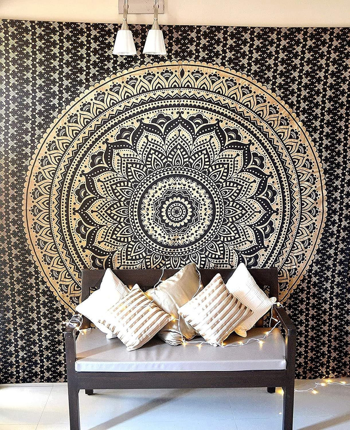 Black Gold Mandala Tapestry 52x82in Boho Wall Hanging Cotton