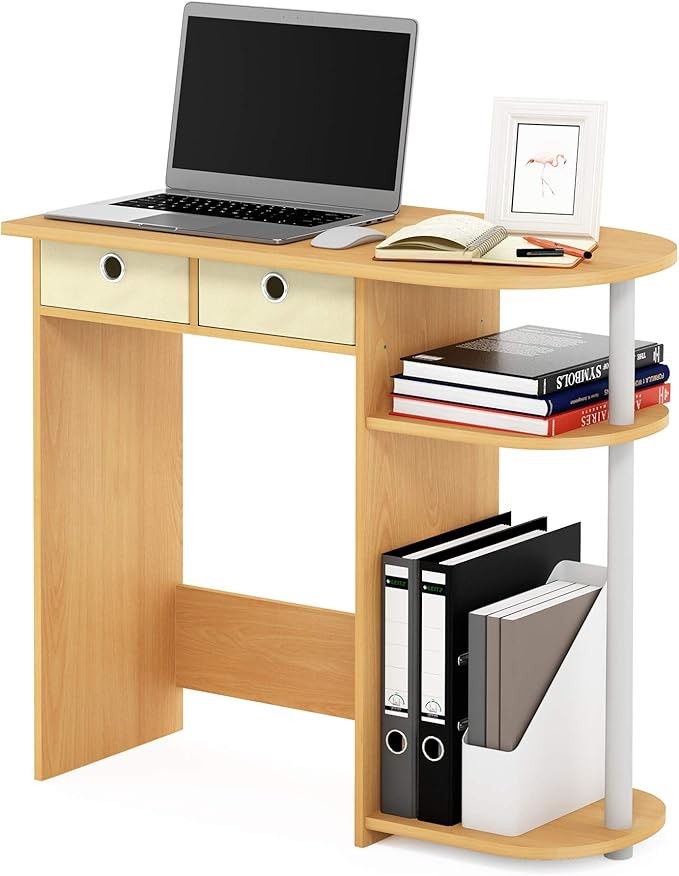 Compact Home Laptop Desk Study Writing Table Storage Shelves Beech White