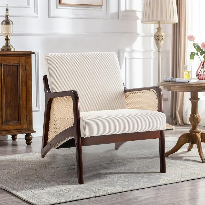 Beige Corduroy Accent Armchair Rattan Wood Lounge Chair Mid Century