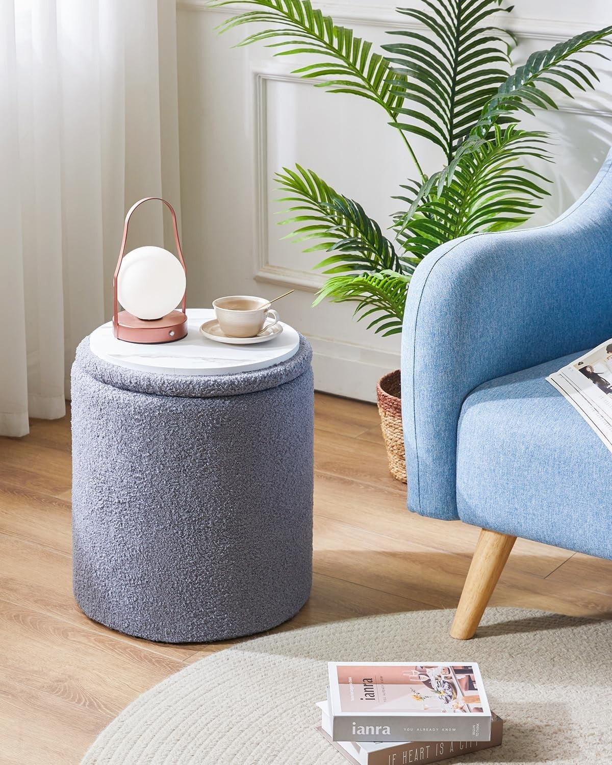 Set of 2 Round Fleece Ottomans with Storage – Nesting Footstools & Side Tables