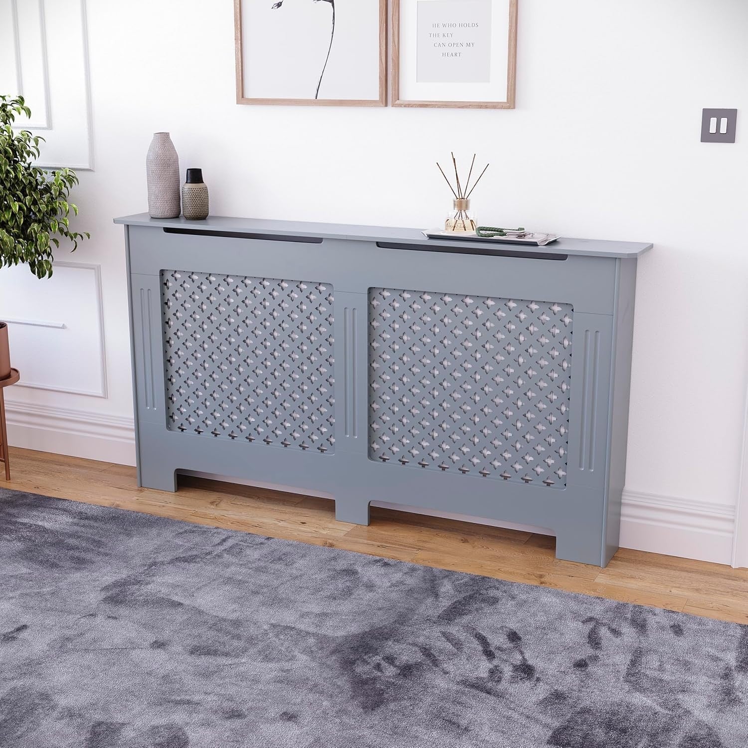 Grey Radiator Cover Large Modern Cross Design MDF Painted Heat Efficient