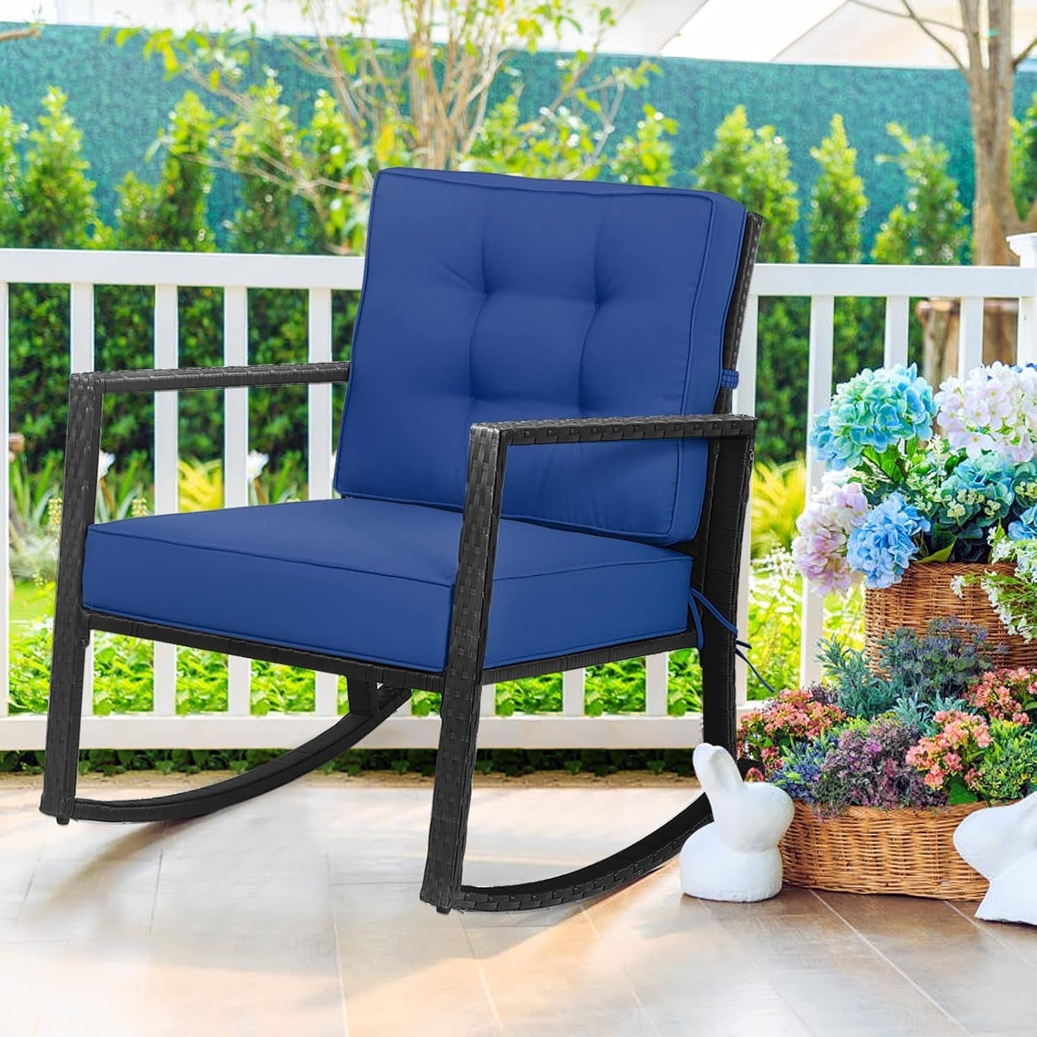 Navy Rattan Outdoor Rocking Chair with Cushions & Armrests Patio Glider