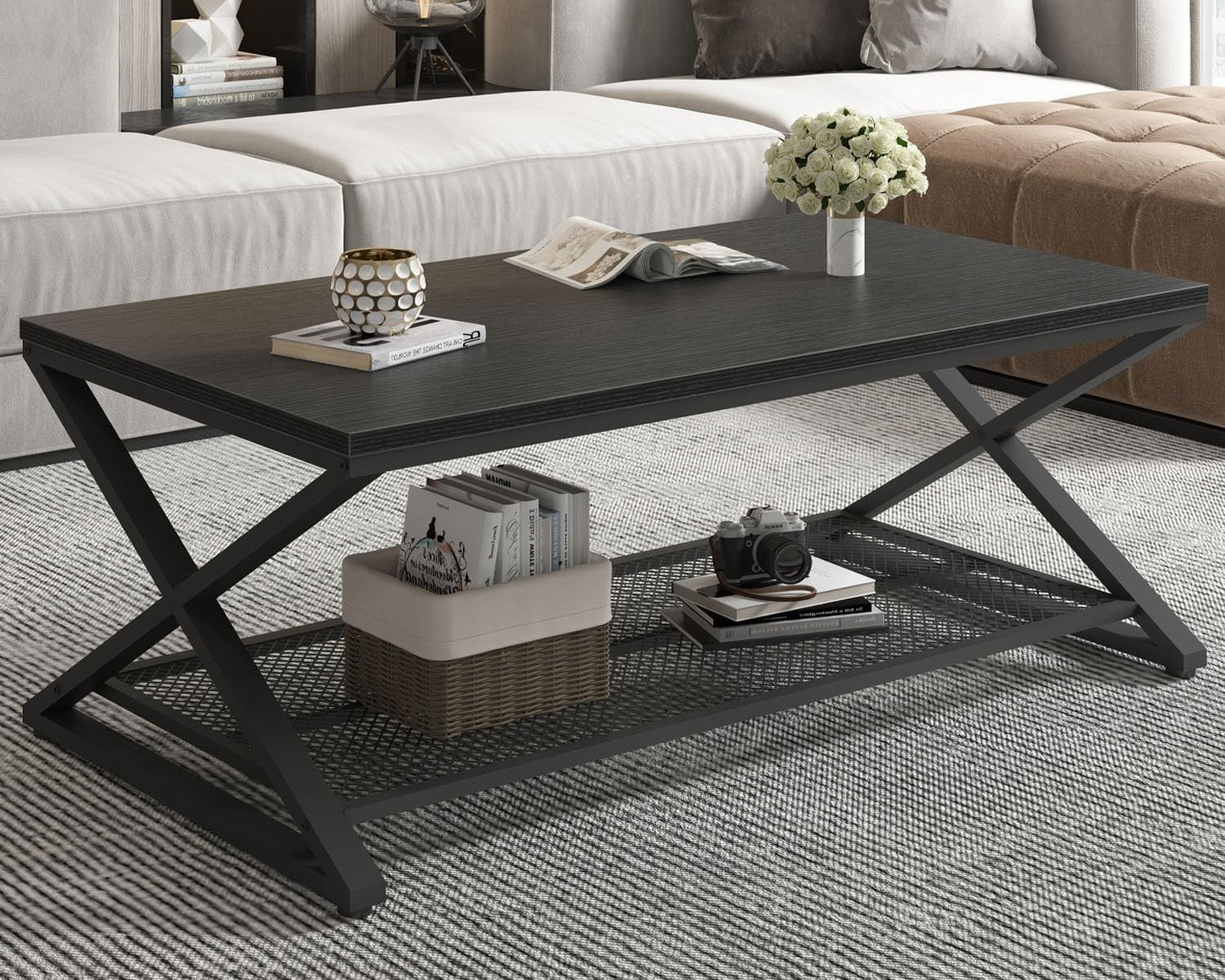 Modern Black Oak Coffee Table with Shelf – Industrial 2 Tier Rectangular Center