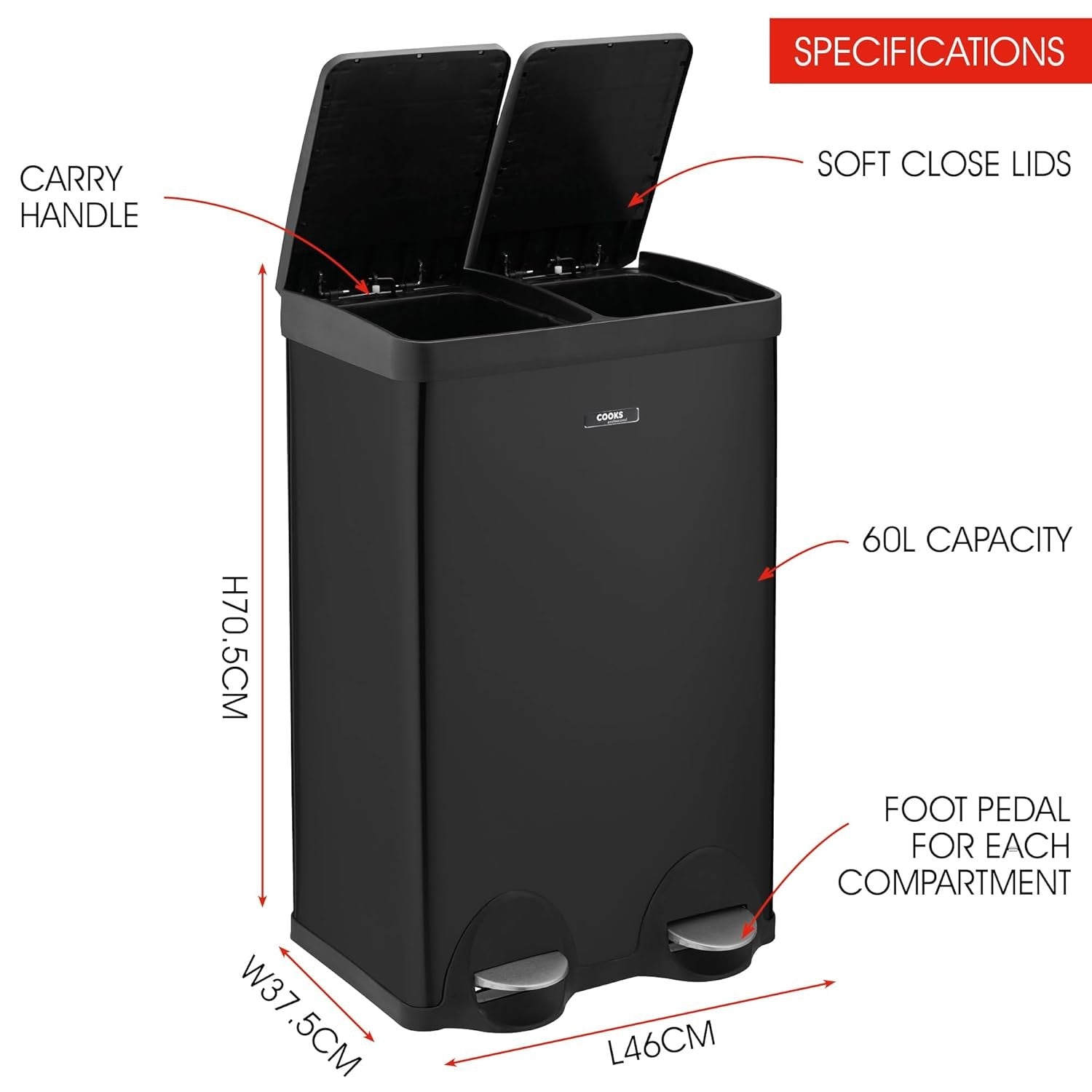 60L Dual Pedal Recycling Bin 2x30L Stainless Steel Black