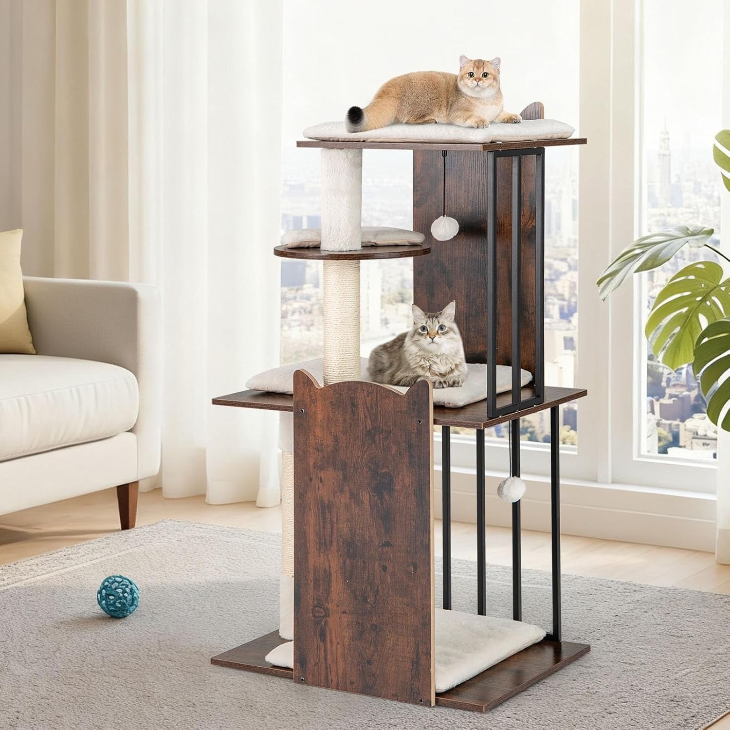 Modern Cat Tree Tower 112cm Multi Level Wooden Scratching Post Play Centre