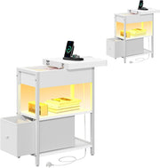 Set of 2 Smart LED Bedside Tables with USB Charging | Slim White Nightstands