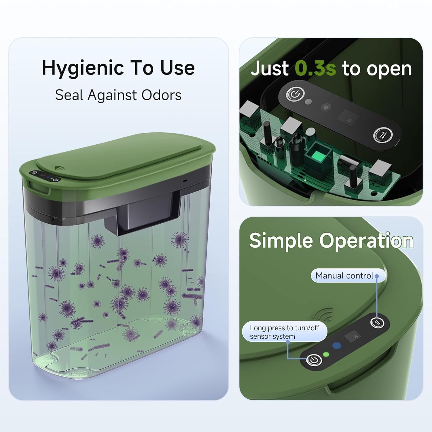 Automatic Touchless Bathroom Bin 2.6 Gallon Slim Motion Sensor Green