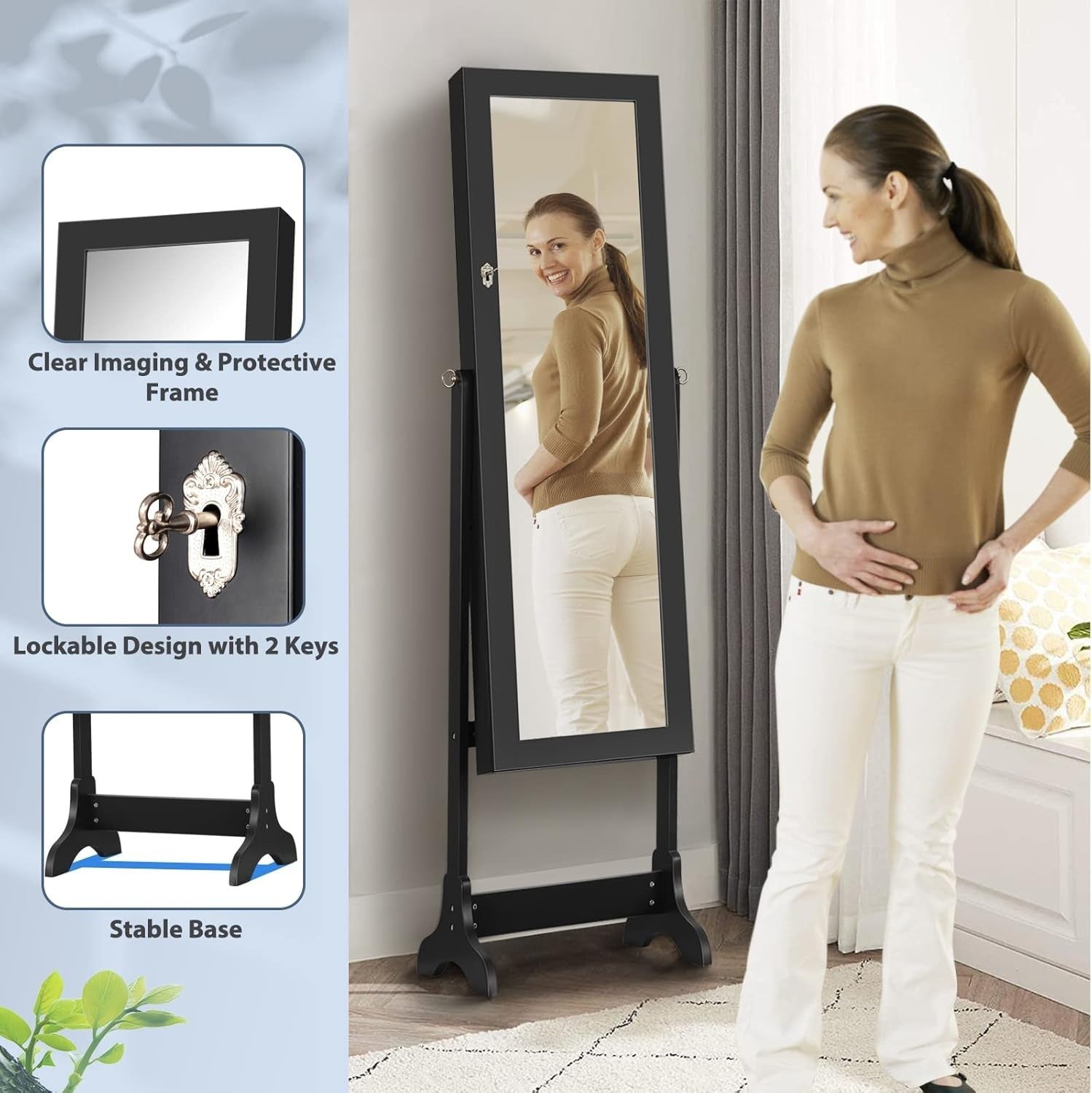 Lockable Standing Jewelry Armoire Mirror Adjustable Angle Storage Cabinet Black