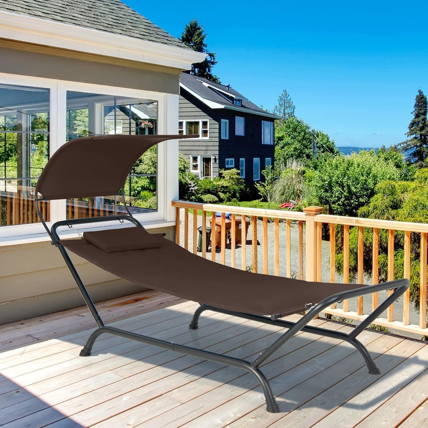 Luxury Outdoor Coffee Hammock with Stand & Canopy, Padded Lounger 243x103x135cm