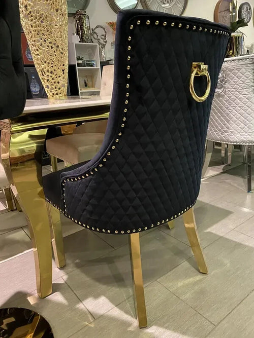 2 Black Velvet Dining Chairs Gold Legs Ring Back Tufted Studded Luxury