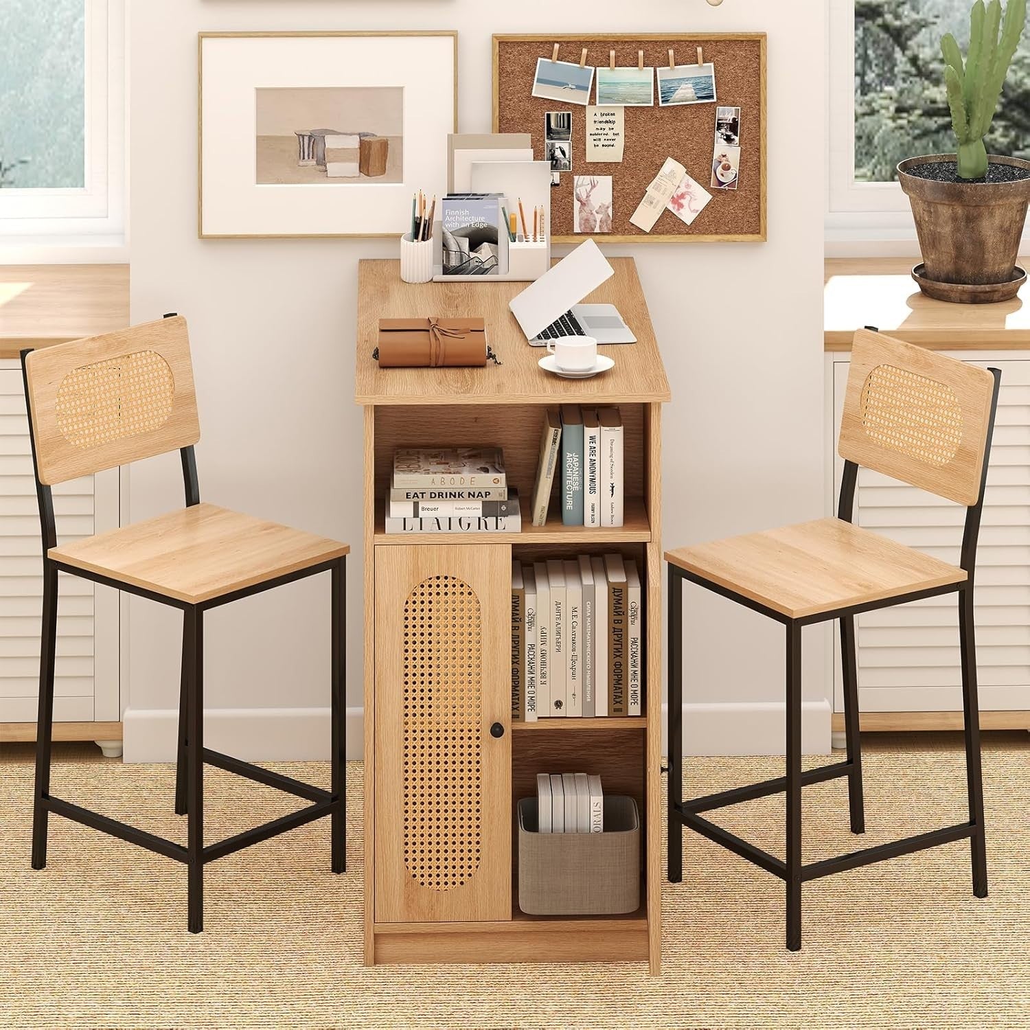 3Pcs Rattan Bar Table Set with Storage Cabinet & 2 Chairs Natural Wood Furniture