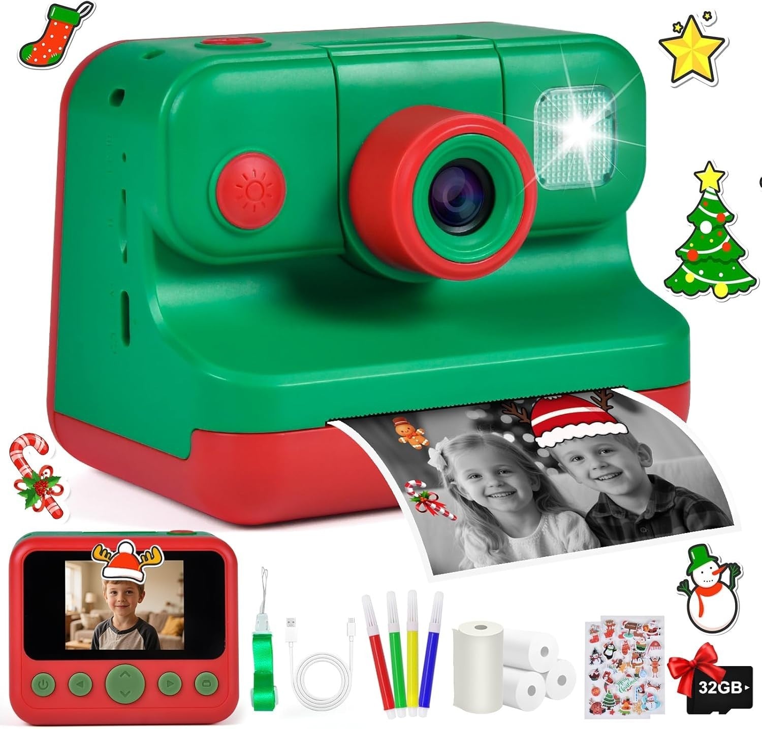 Kids Instant Print Camera 30MP 1080P HD Digital Camera 32GB Card Toy