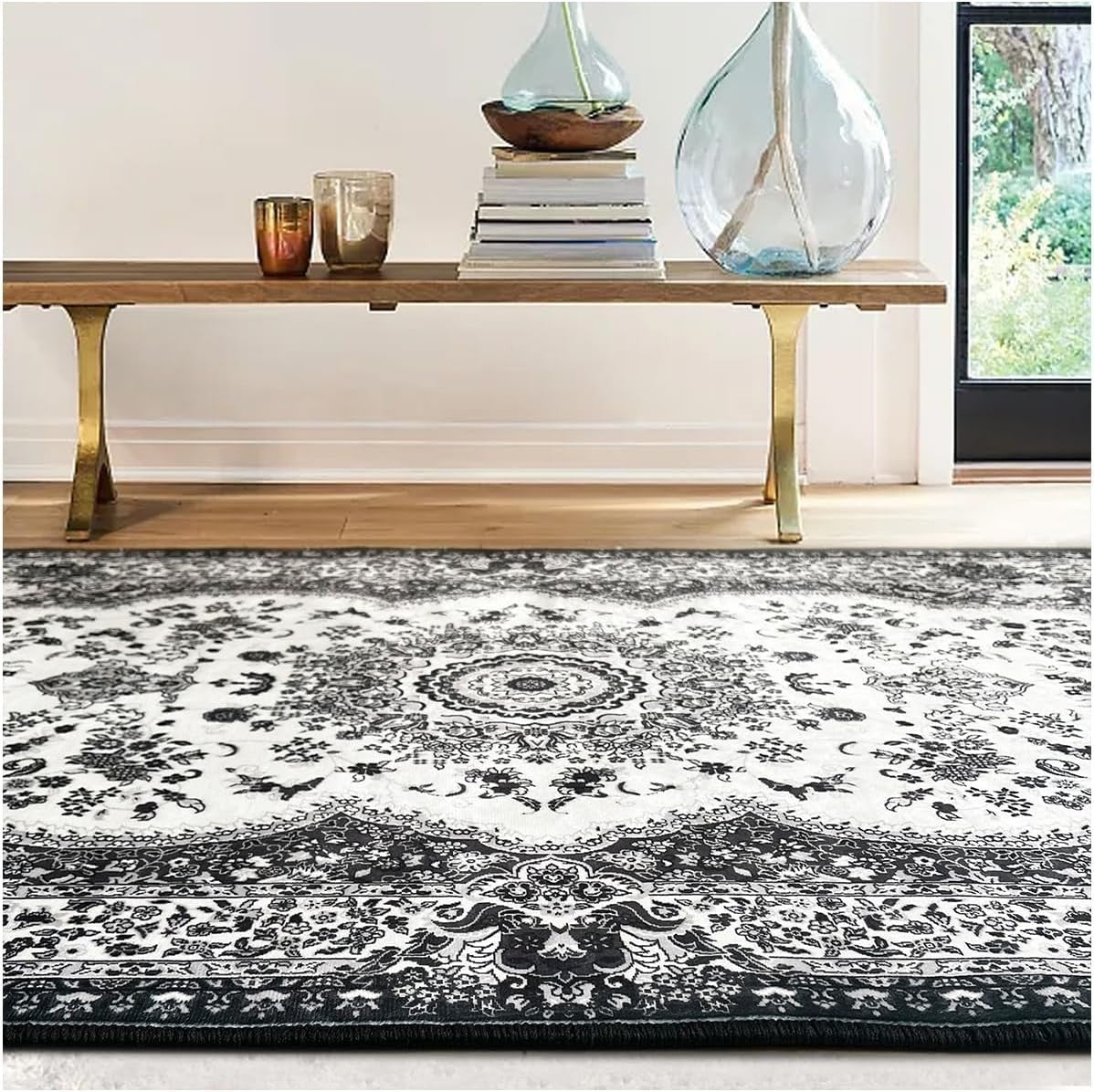 Extra Large Grey Oriental Area Rug 200x290cm Washable Low Pile Vintage Style