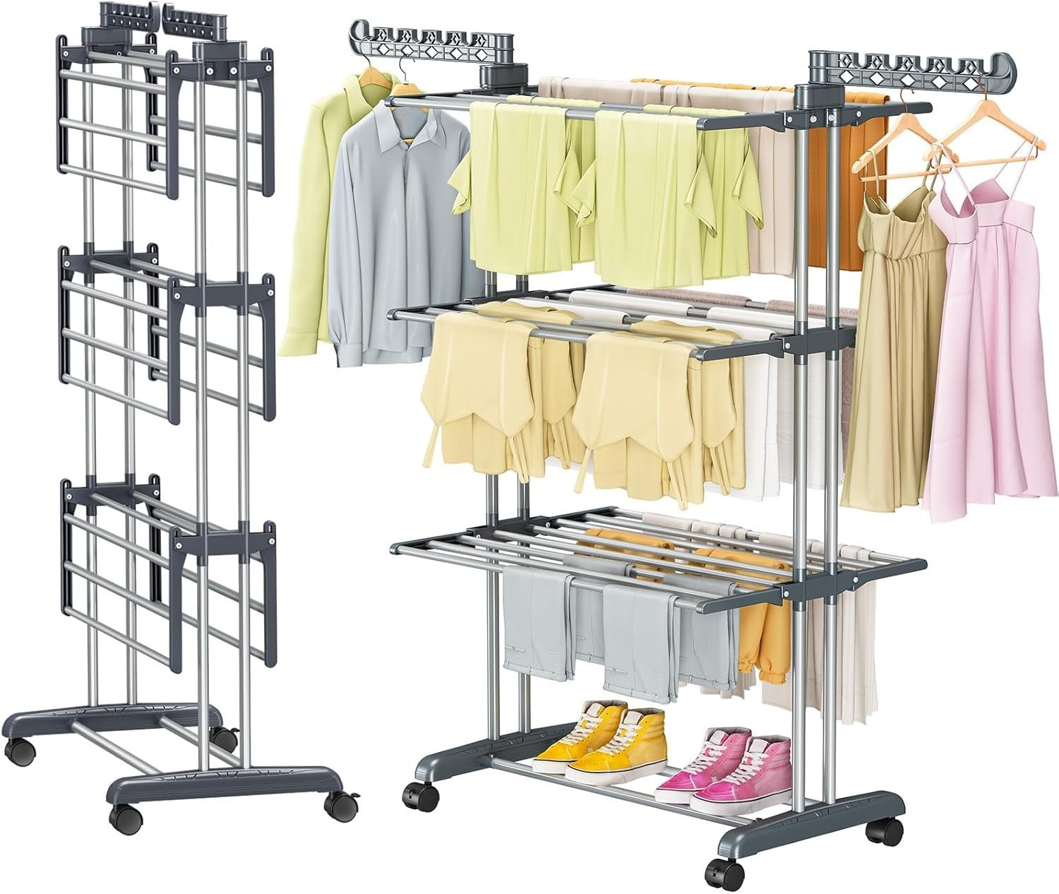 Extra Large 4-Tier Foldable Clothes Airer with Wheels – Grey