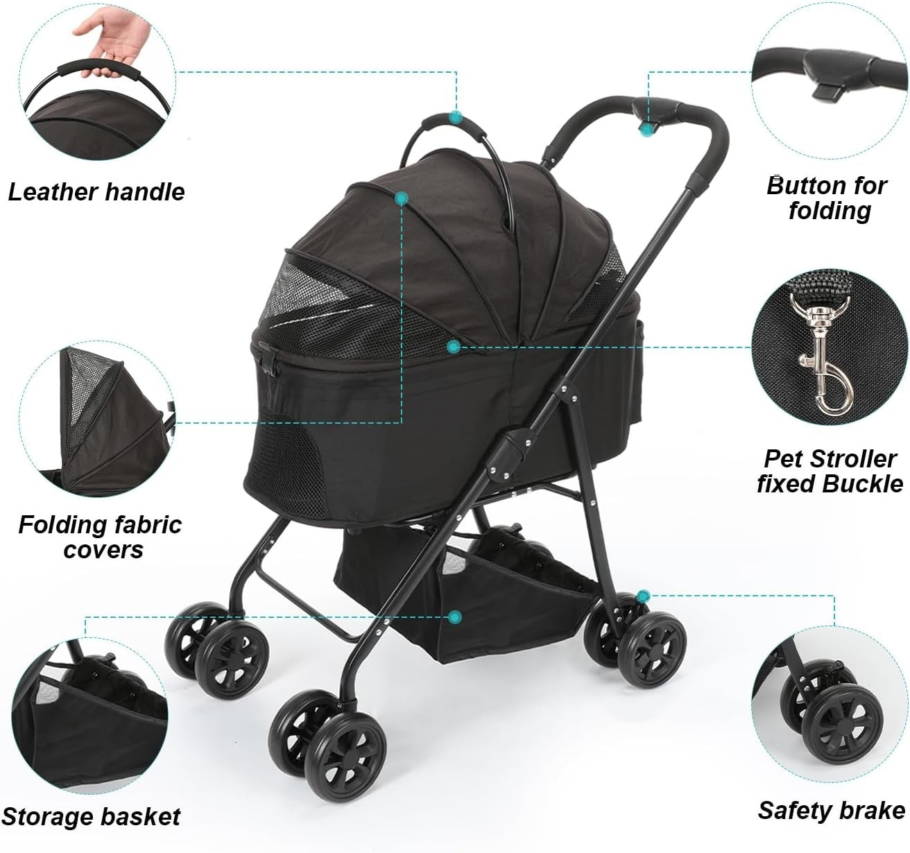 Black 3 in 1 Dog Stroller Medium Pets Foldable Pushchair 4 Wheel Buggy
