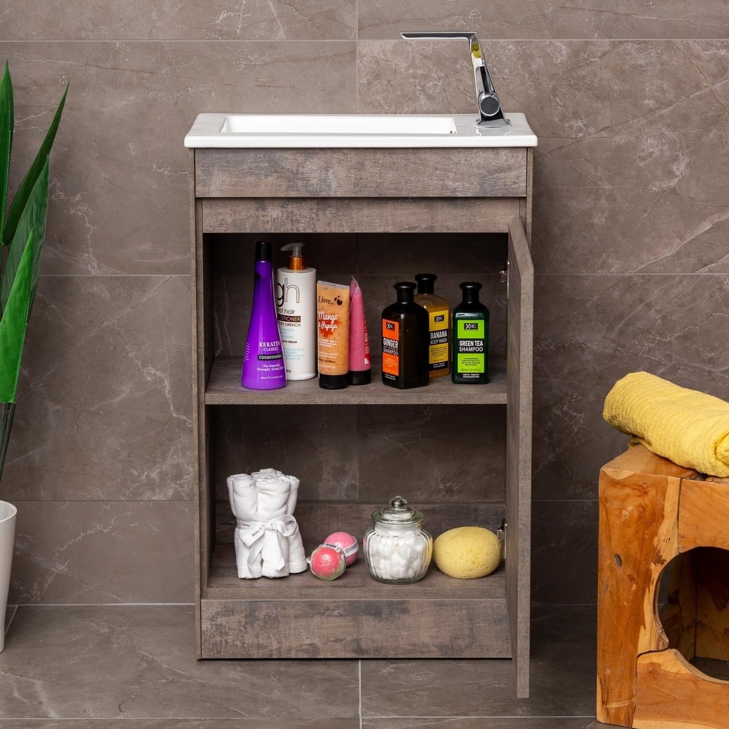 550mm Brown Wood Floor Standing Vanity Unit with Ceramic Basin & Soft Close