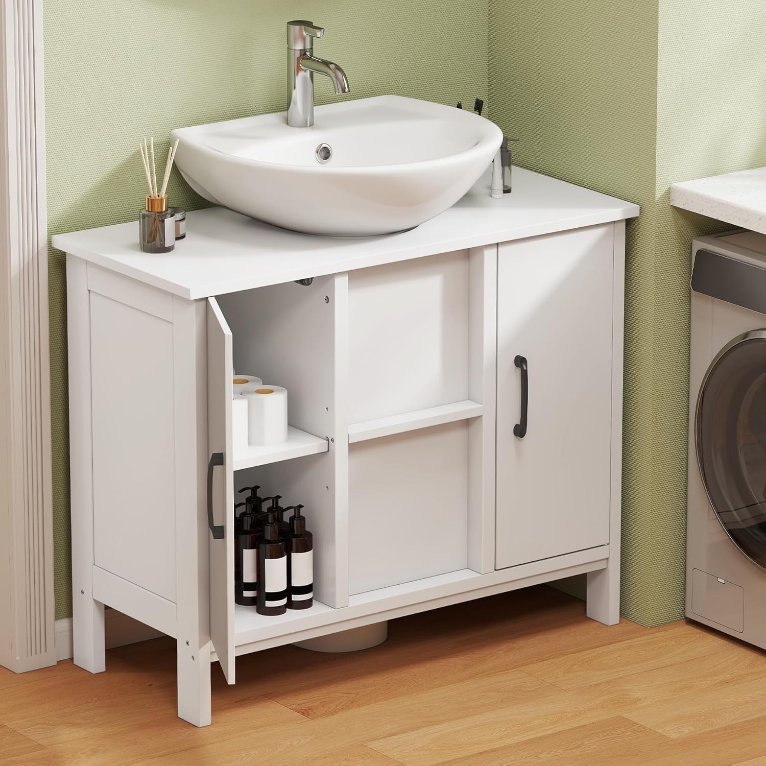 Under Sink Bathroom Cabinet White Storage Unit – 2 Doors, Slim Design, 70x30x60