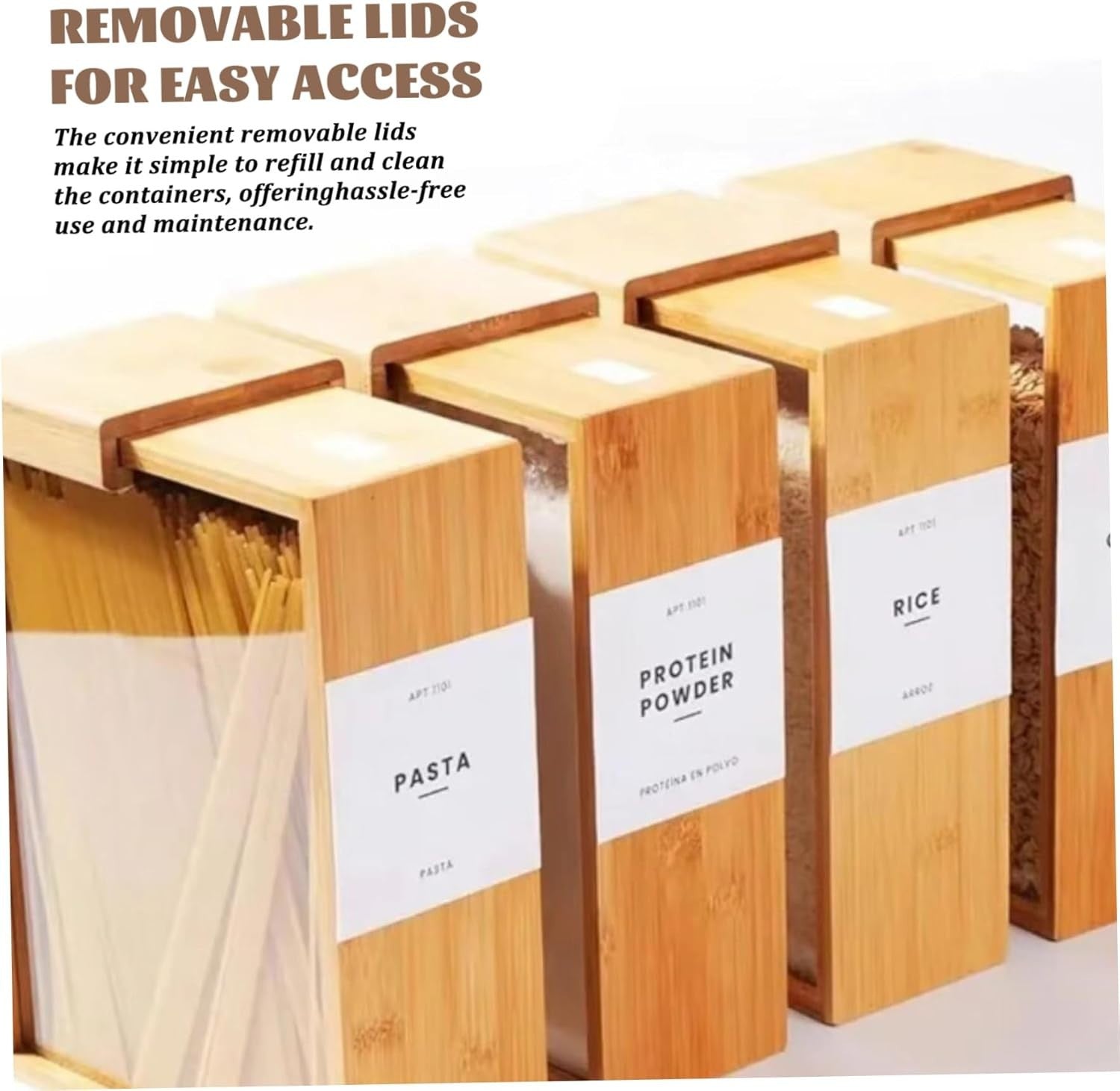 2PCS Bamboo Cereal Containers Airtight Rice Flour Bin