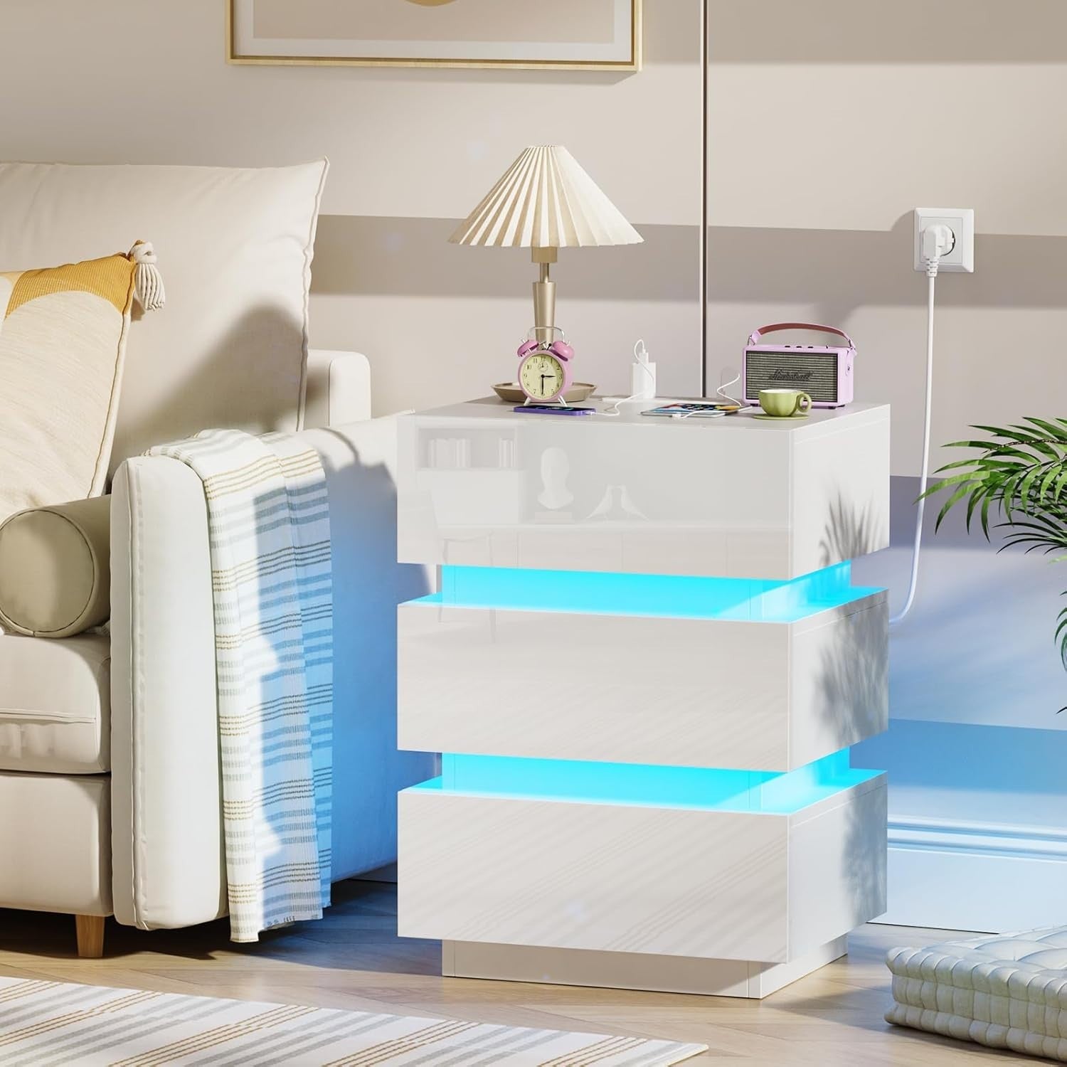 White LED Bedside Table with Power Socket, RGB Lights & 3 Drawers – Modern