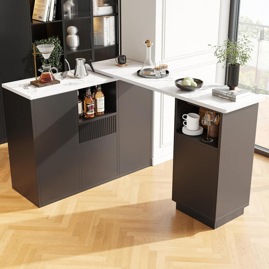 360° Swivel Bar Table with 4 Doors & Drawer Marble Top Storage Cabinet Black